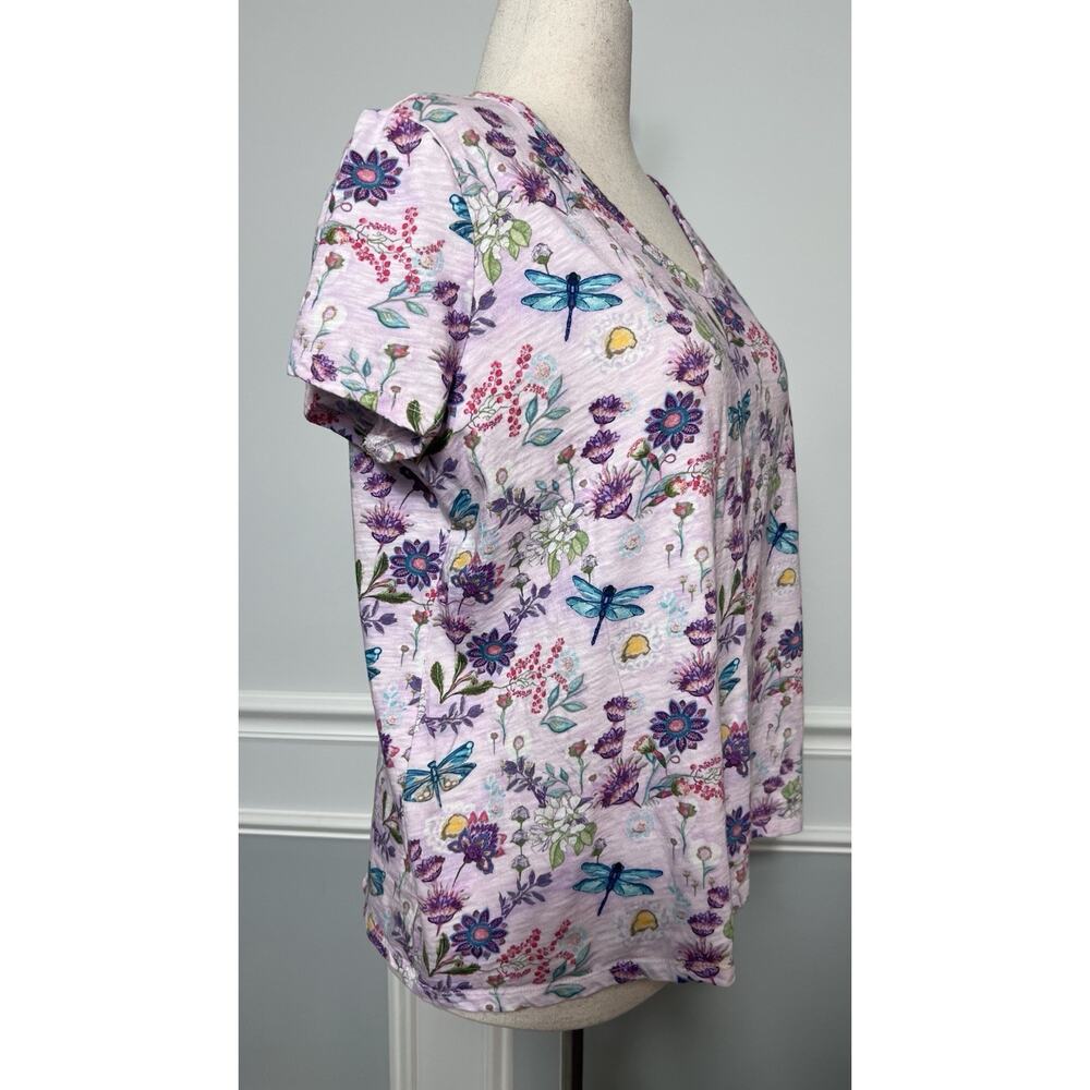 SUNDANCE (XL) Floral Dragonfly V-Neck Tee Shirt-Cottagecore-Boho-Garden-Lavender - Picture 3 of 9